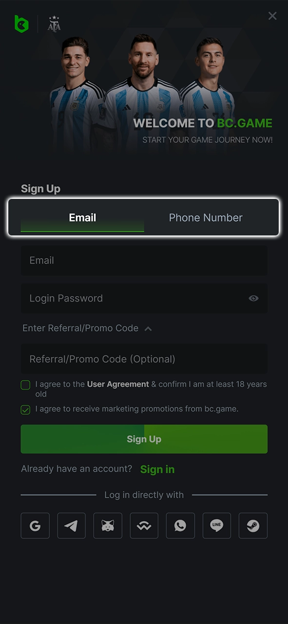 In the third step of the official registration guide for BC Game, the top online crypto casino, choose a registration method to continue setting up your account.