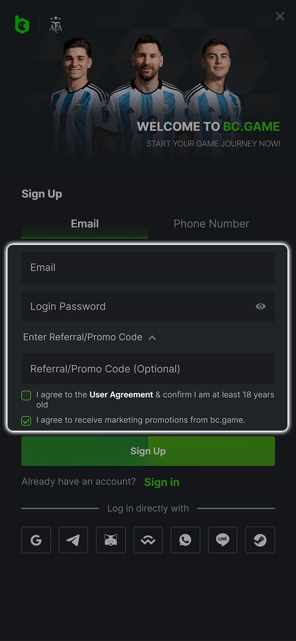 In the fourth step of the official registration guide for BC Game, the leading online crypto casino, fill in the required fields to complete your account setup.