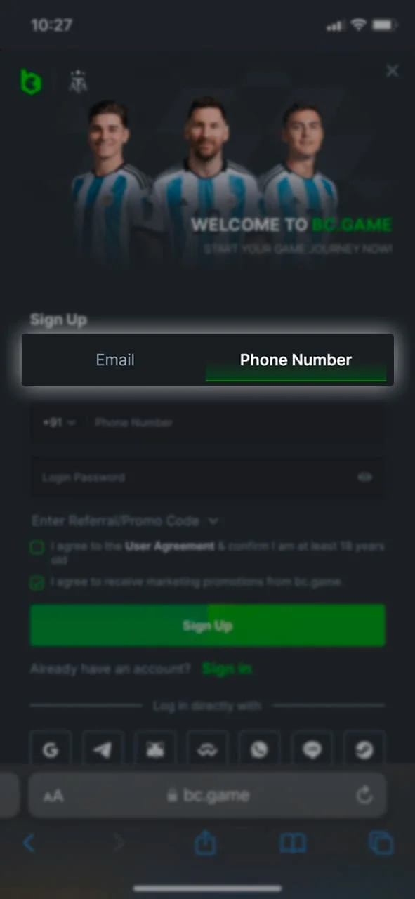 Choose your preferred registration method via the app at BC.Game crypto casino and bookmaker in India after you download BC Game APK.