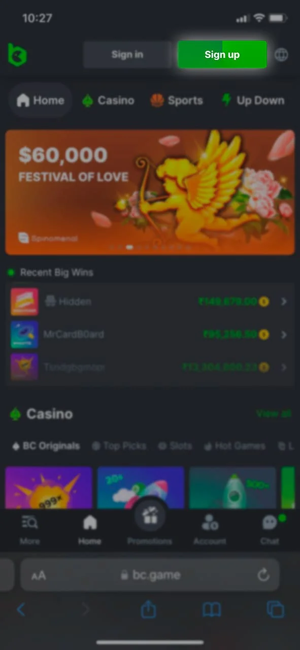 Begin the registration process via the app at BC.Game crypto casino and bookmaker in India after you download BC Game APK.