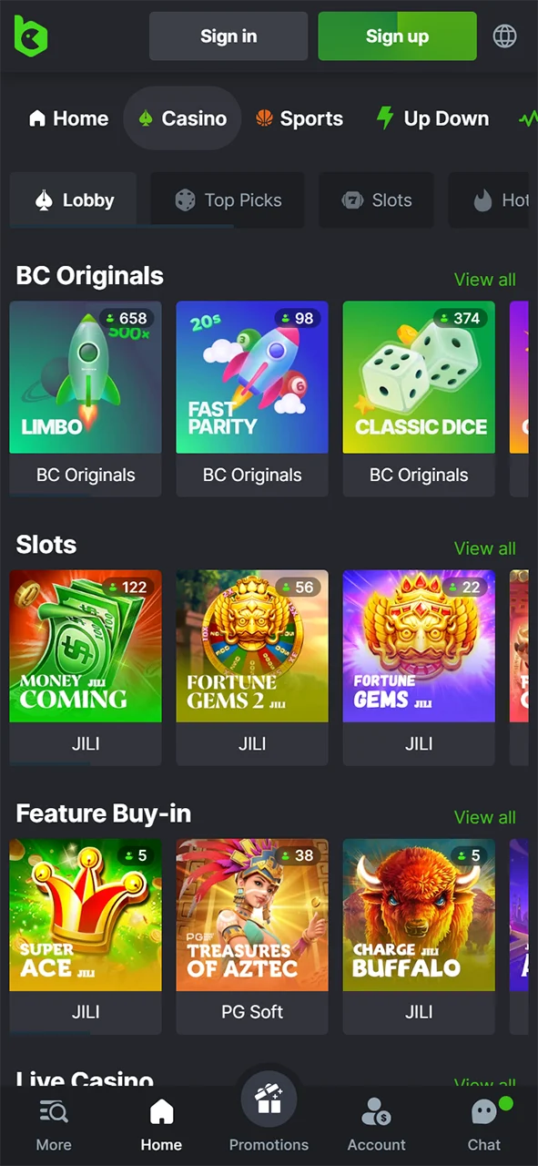 Showing you the casino section of the mobile app at BC Game crypto casino in India: download BC Game APK on your Android device to explore a variety of exciting casino games.