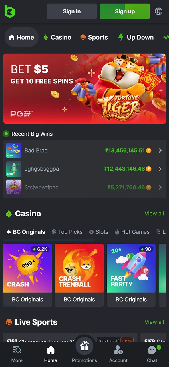 Showing you the main page of the mobile app at BC Game crypto casino in India – download BC Game APK on your Android device to explore exciting gaming options and features.