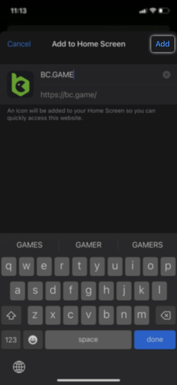 Click the button to add the BC Game application icon to the home screen.