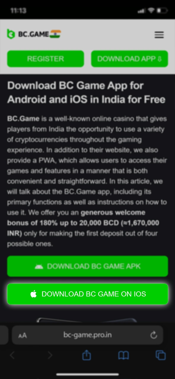 Press the “DOWNLOAD BC GAME ON IOS” button to download BC Game, gaining access to exclusive casino games and betting options on your iOS device.